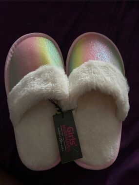 Girls' Rainbow Sparkle Faux-Fur Slip-On Slippers